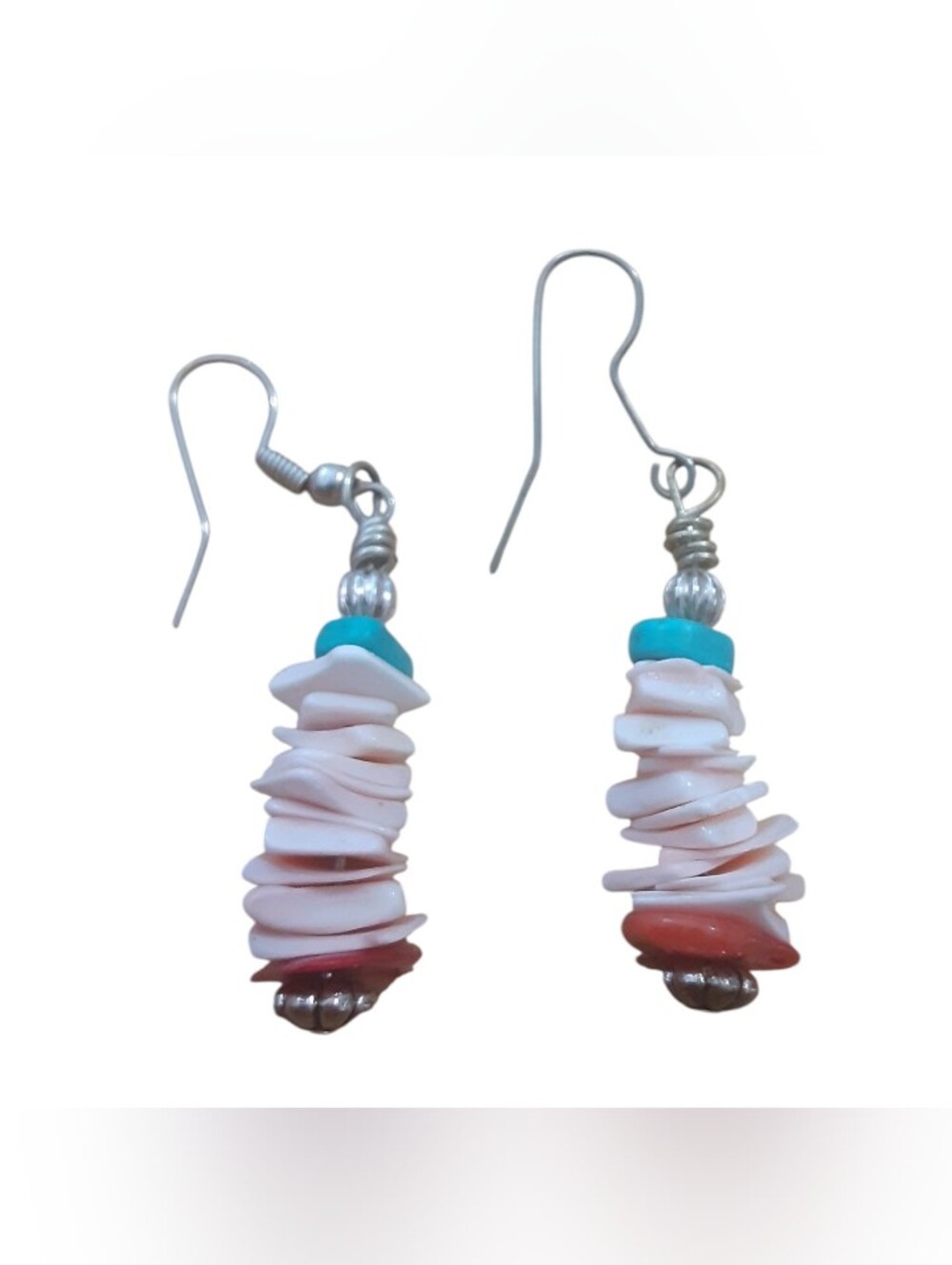 Native American Turquoise Coral Shell Bead Drop Earrings